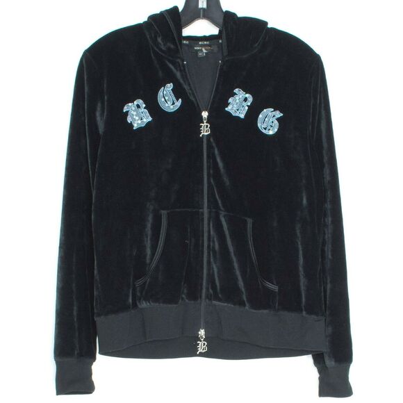 BCBGMaxazria Womens Track Jacket Velour Y2K Hoodie Cross Full Zip Black XL FM - Picture 1 of 2